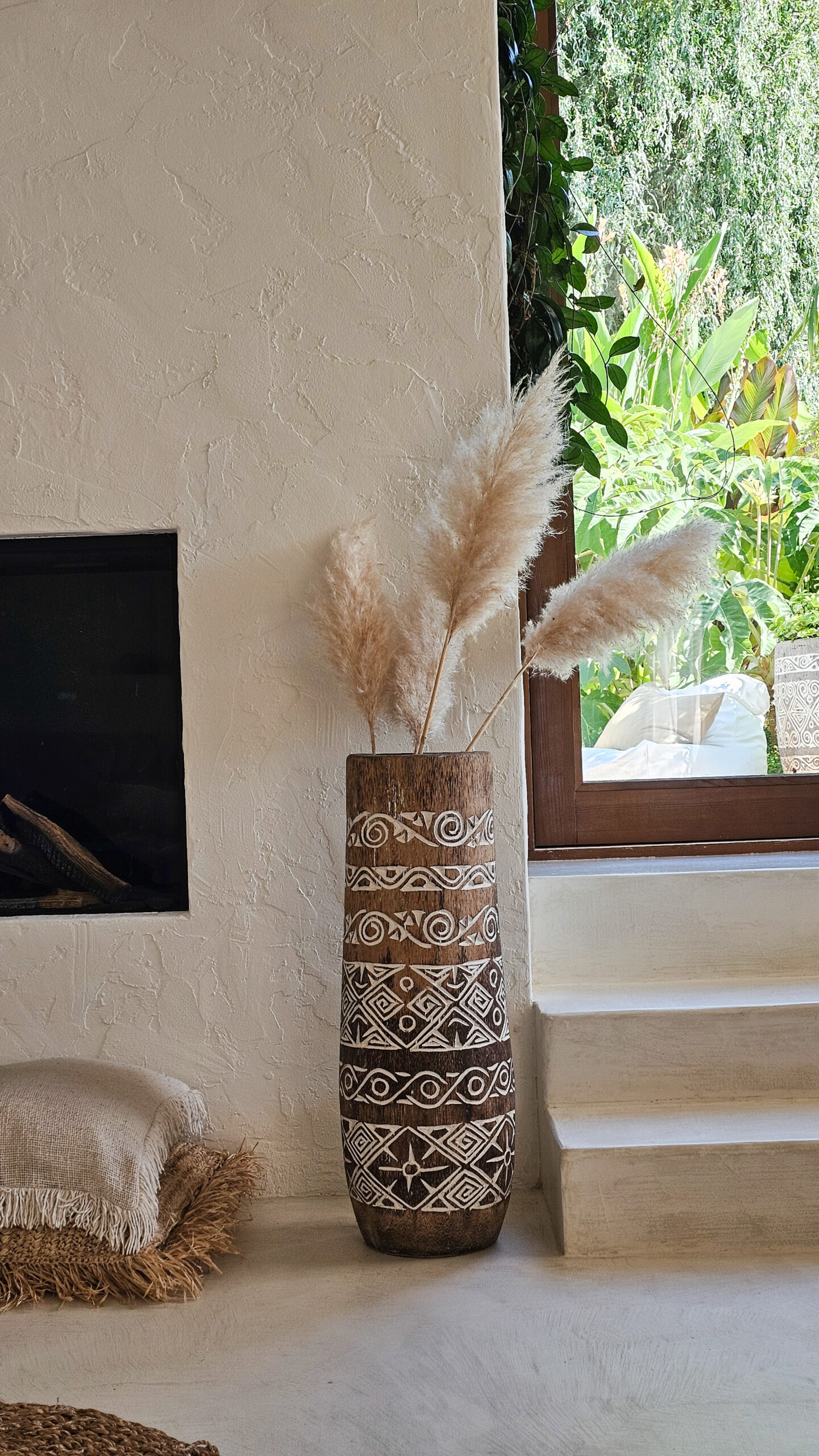 Boho palmvaas natural white carved L - Afbeelding 3